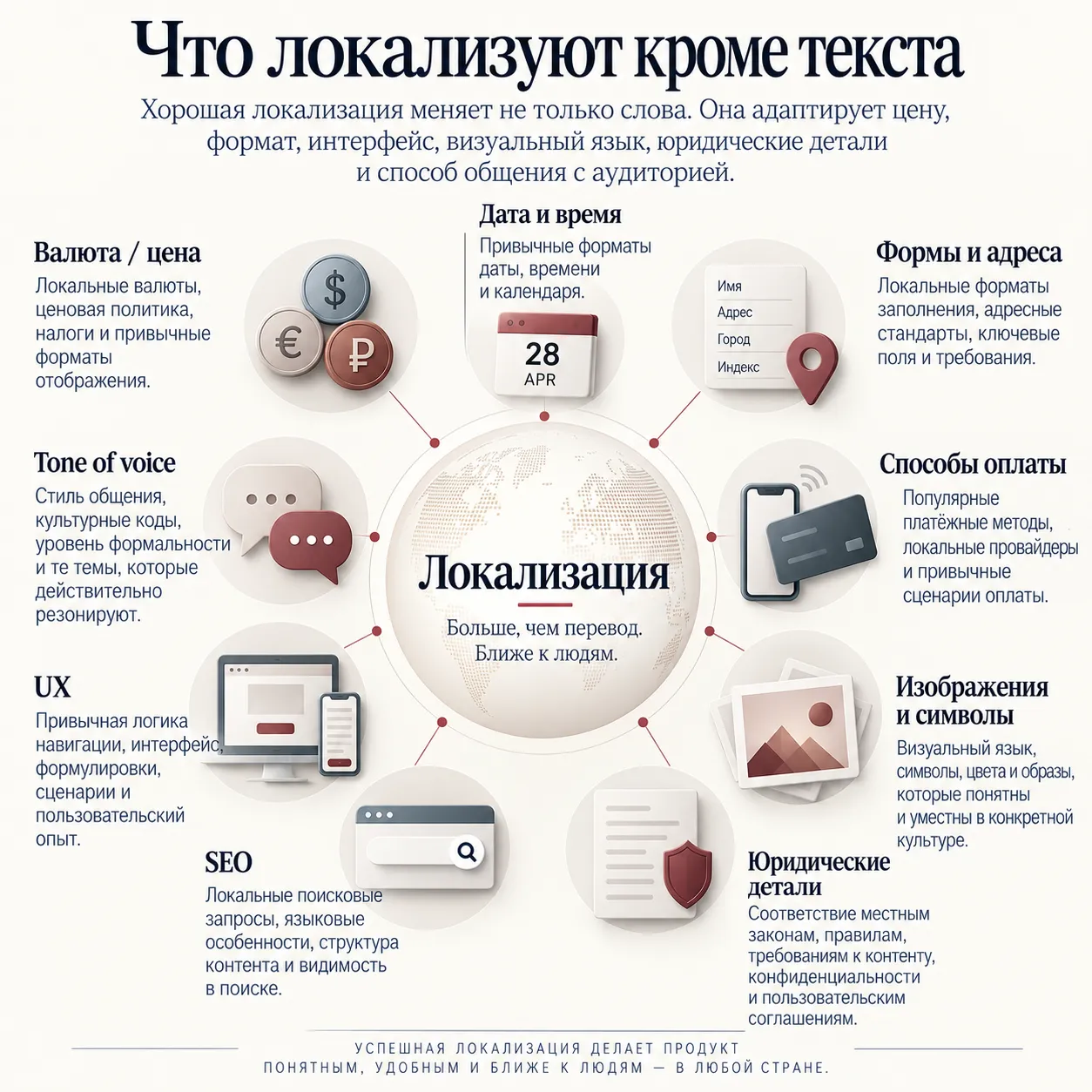 Инфографика о локализации кроме текста: валюта, даты, формы, оплата, изображения, юридические детали, UX, SEO и tone of voice